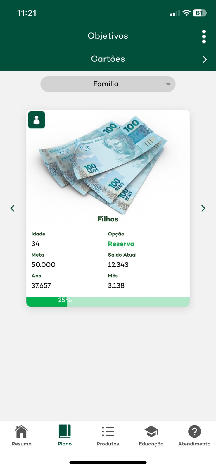 Tela de objetivos no app Meu Plano